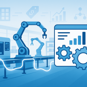 Zoho CRM and Priority ERP integration for manufacturing illustrated with factory automation and reporting icons