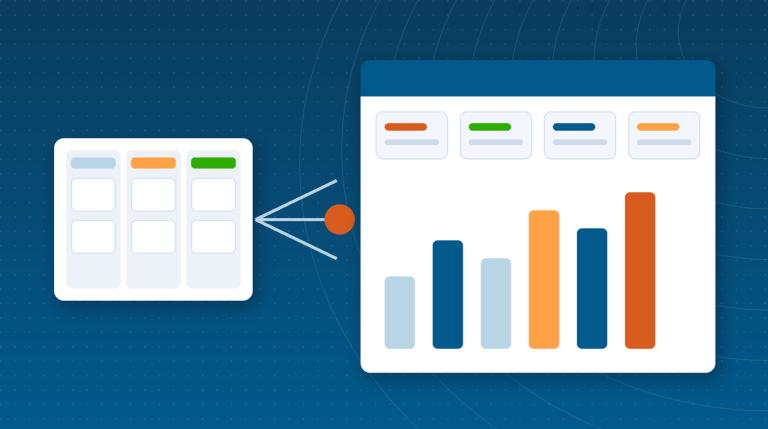 Illustration of a small sales pipeline expanding into a larger CRM dashboard
