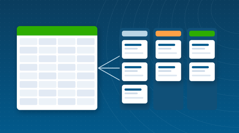 Illustration of spreadsheet rows turning into deal cards on a sales pipeline