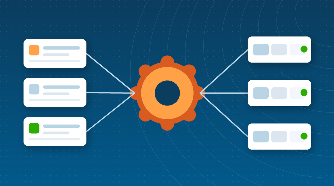 Illustration of support tickets being routed automatically through connected workflow steps