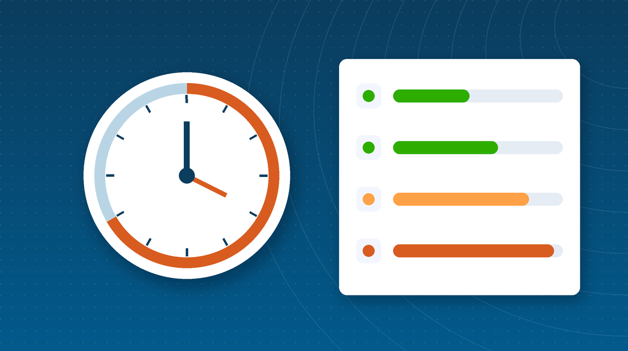 Illustration of a clock with response time progress bars next to a stack of support tickets