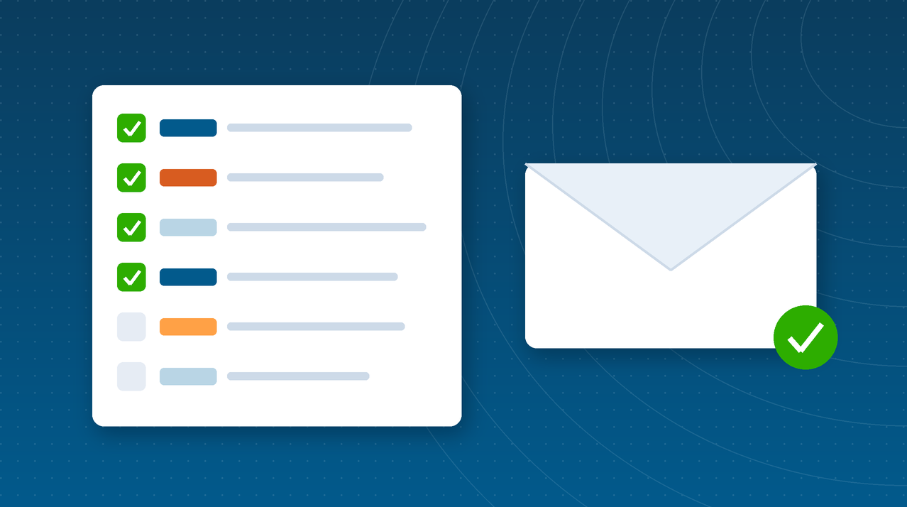 Illustration of a domain settings checklist beside an email inbox