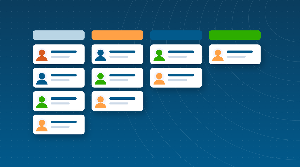 Illustration of a hiring pipeline with candidate cards moving through stages